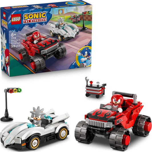 LEGO Sonic the Hedgehog Carro do Silver vs. Caminhão Monstro do Knuckles - Inclui 2 minifiguras e 2 Esmeraldas do Caos - Presente para crianças a partir de 8 anos - 77118