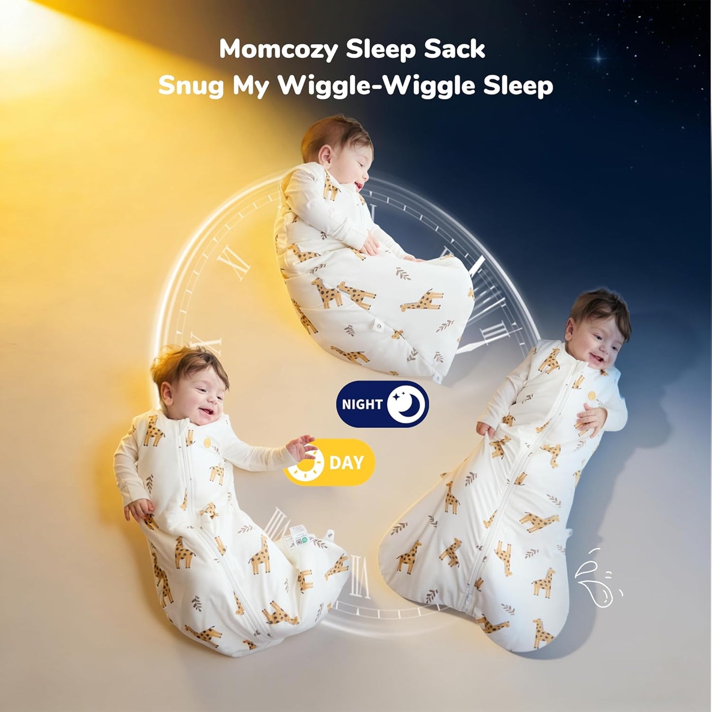 momcozy Saco de dormir para bebê, 0-6 meses, 1.5 TOG, com ajuste por botões de pressão, zíper duplo, tecido macio de bambu, estampa de girafa, tamanho P