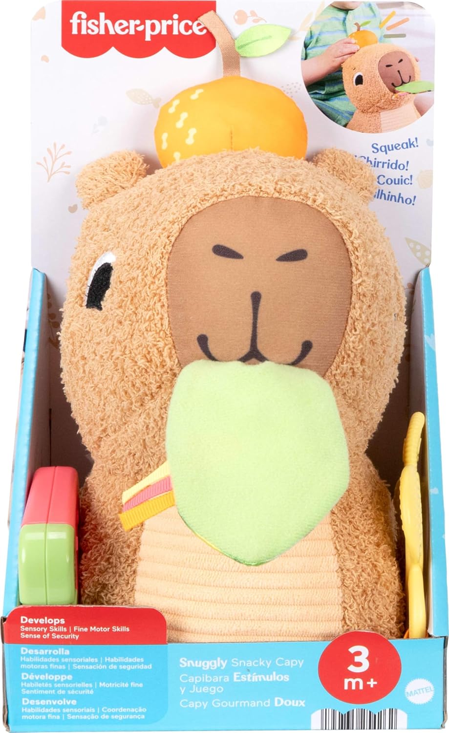 Fisher-Price Brinquedo sensorial para bebês, Capivara de pelúcia Snuggly Snacky com mordedor e chocalho para bebês a partir de 3 meses, HYR54