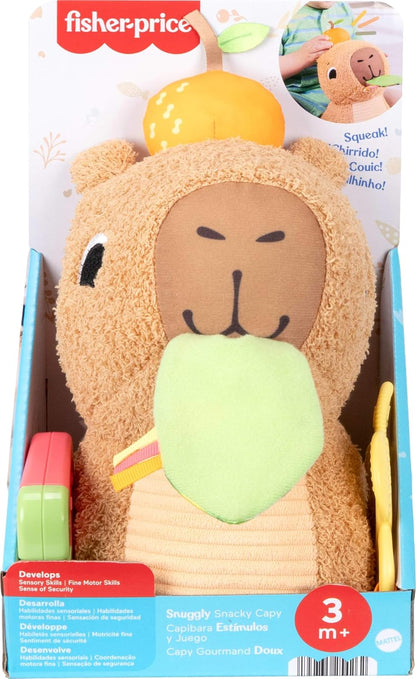 Fisher-Price Brinquedo sensorial para bebês, Capivara de pelúcia Snuggly Snacky com mordedor e chocalho para bebês a partir de 3 meses, HYR54