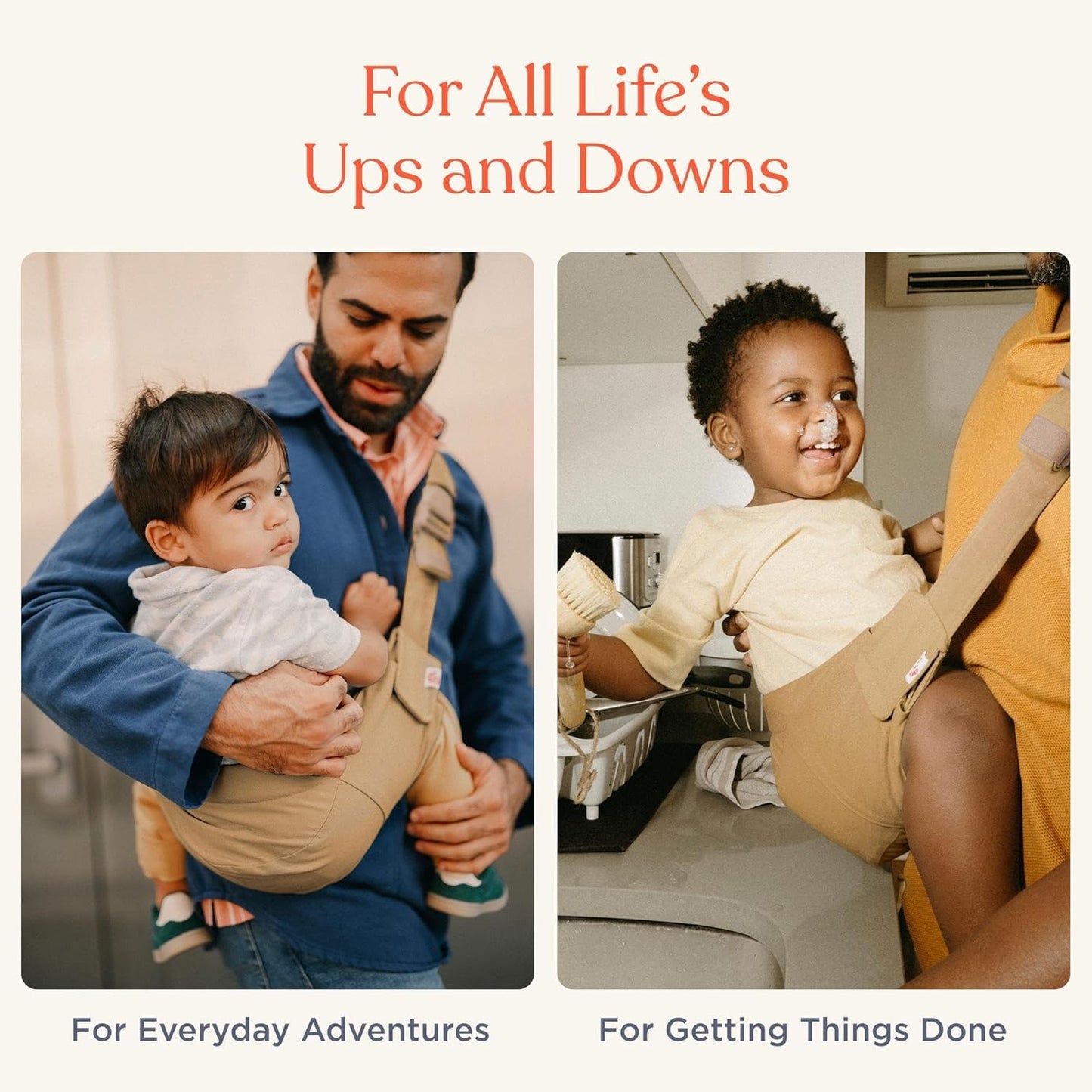 Ergobaby Canguru Upsie Sling para Bebês, Canguru Ergonômico para Bebês e Crianças a partir de 6 Meses (7,7-20,4 kg), Alternância Espontaneamente entre Andar e Ser Carregado, Cor Camelo