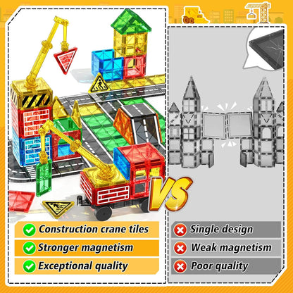 Magnetic Tiles Road Building Blocks - Magnet Crane Car Set for Kids Montessori Preschool STEM Learning Construction Dinosaur Toddler Toys for 3 4 5 6 7 8+ Year Old Boys Girls Christmas Birthday Gifts