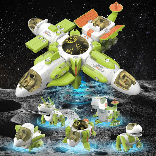 Conjunto de Brinquedos Transformáveis 5 em 1 com Dinossauros Espaciais - Estação Espacial desmontável que se transforma em 5 dinossauros de brinquedo ou 5 naves espaciais de brinquedo para meninos e meninas de 3 a 9 anos,