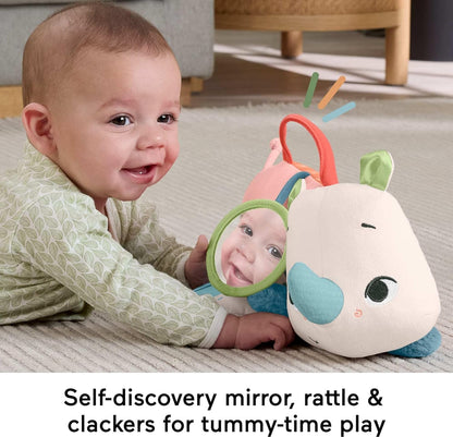 Fisher-Price Brinquedo para recém-nascidos Planet Friends: Rinoceronte de pelúcia que brinca de bruços com atividades sensoriais para bebês a partir de 0 meses, HYR55