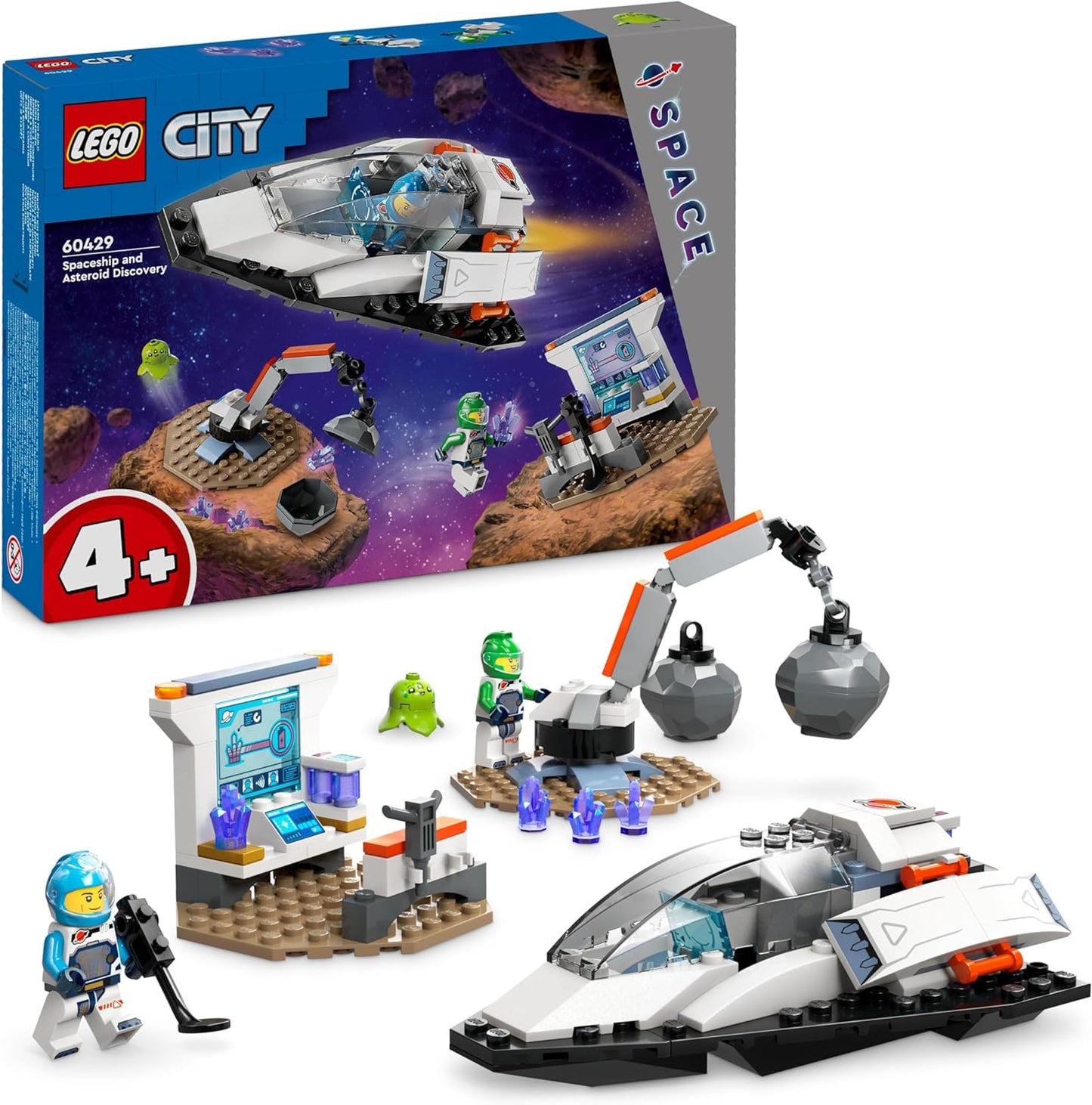 LEGO Urban Juego de descubrimiento de nave espacial y asteroide, juguete de estación espacial para niños y niñas a partir de 4 años, con una figura de extraterrestre y 2 minifiguras de astronauta para juegos de simulación, regalo