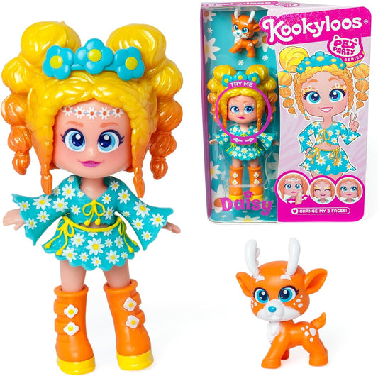 KOOKYLOOS Pet Party DAISY - Boneca margarida com animal de estimação veado. Inclui boneca Daisy, 1 animal de estimação, roupa e sapatos da moda e 1 acessório. 1 boneca, 3 rostos diferentes!