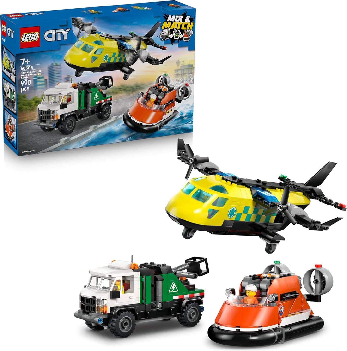 LEGO City 3 em 1: Avião, Caminhão de Serviço e Aerobarco - Kit de Veículos para Montar e Combinar com 3 Minifiguras - Ideia de Presente de Aniversário STEM para Meninos a partir de 7 Anos - 60505