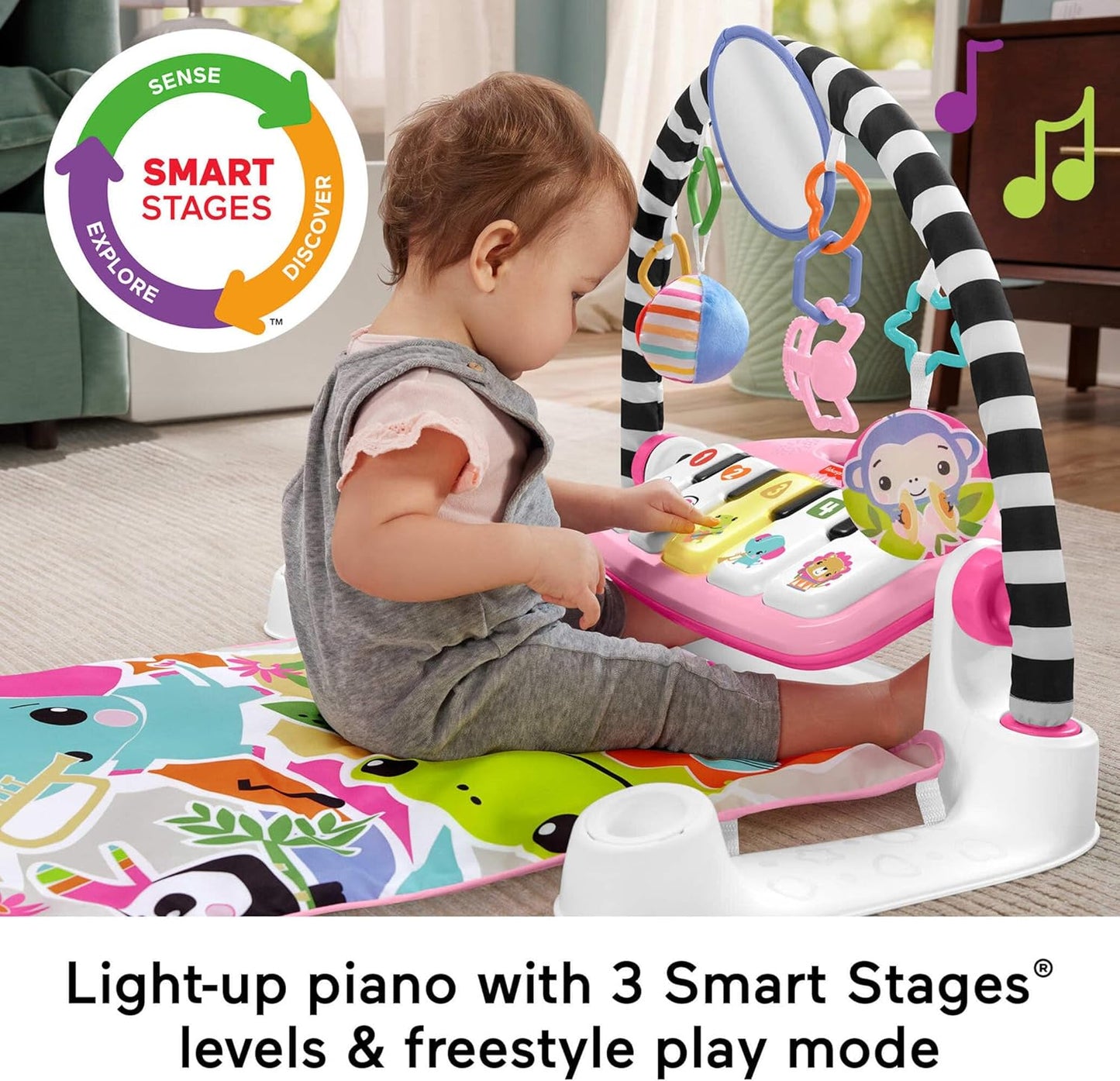 Fisher-Price Tapete de Atividades para Bebês: Brilha e Cresce, Piano e Ginásio para Chutar e Brincar, Brinquedo Musical Portátil com Aprendizado Inteligente, para Bebês a partir de 0 Meses, Rosa, Versão em Inglês (Queensland), HYH63