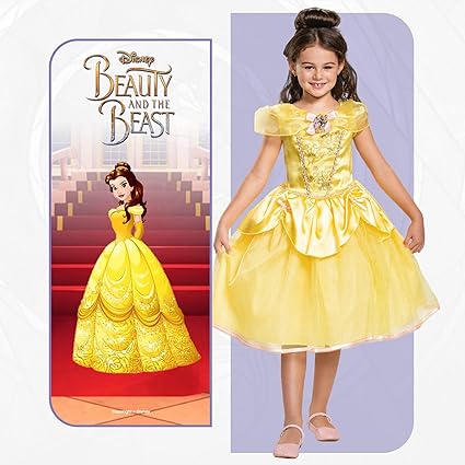 DISGUISE Disney Official Deluxe Princess Belle Dress Up para meninas, Belle Costume Kids, Beauty and the Beast Costume, Belle Fancy Dress Outfit, Fantasias do Dia Mundial do Livro para meninas