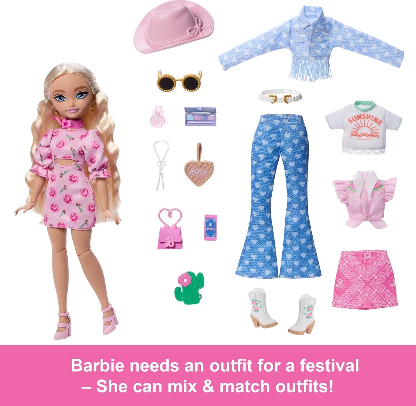 Barbie Conjunto Dream Besties Festival Looks, incluindo a boneca Barbie “Malibu” com cabelo loiro comprido e estilizado, mais de 10 roupas e acessórios removíveis, JGH87