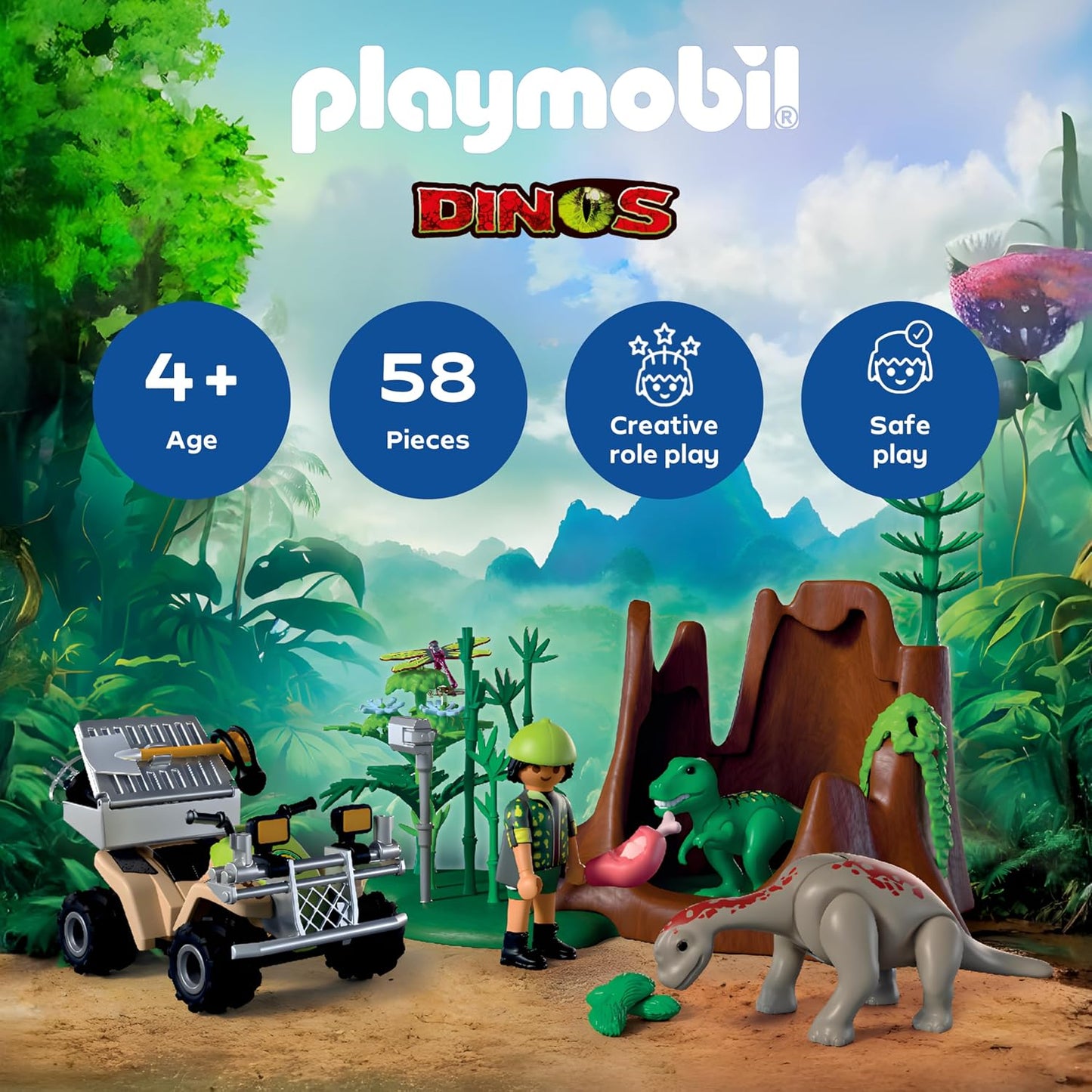 Playmobil Dinos – Esconderijo dos Dinossauros, Explorador com Quadriciclo, Filhote de T-Rex e Filhote de Braquiossauro, Brinquedo para crianças a partir de 4 anos, 72069