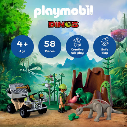 Playmobil Dinos – Esconderijo dos Dinossauros, Explorador com Quadriciclo, Filhote de T-Rex e Filhote de Braquiossauro, Brinquedo para crianças a partir de 4 anos, 72069