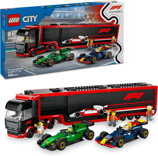LEGO Caminhão City F1 com carros RB20 e AMR24 F1 - Brinquedo transportador de carro para equipes de Fórmula 1 RB e Aston Martin - Incl. 2 pilotos e simulador de corrida - presentes para meninos e meninas com mais de 8 anos