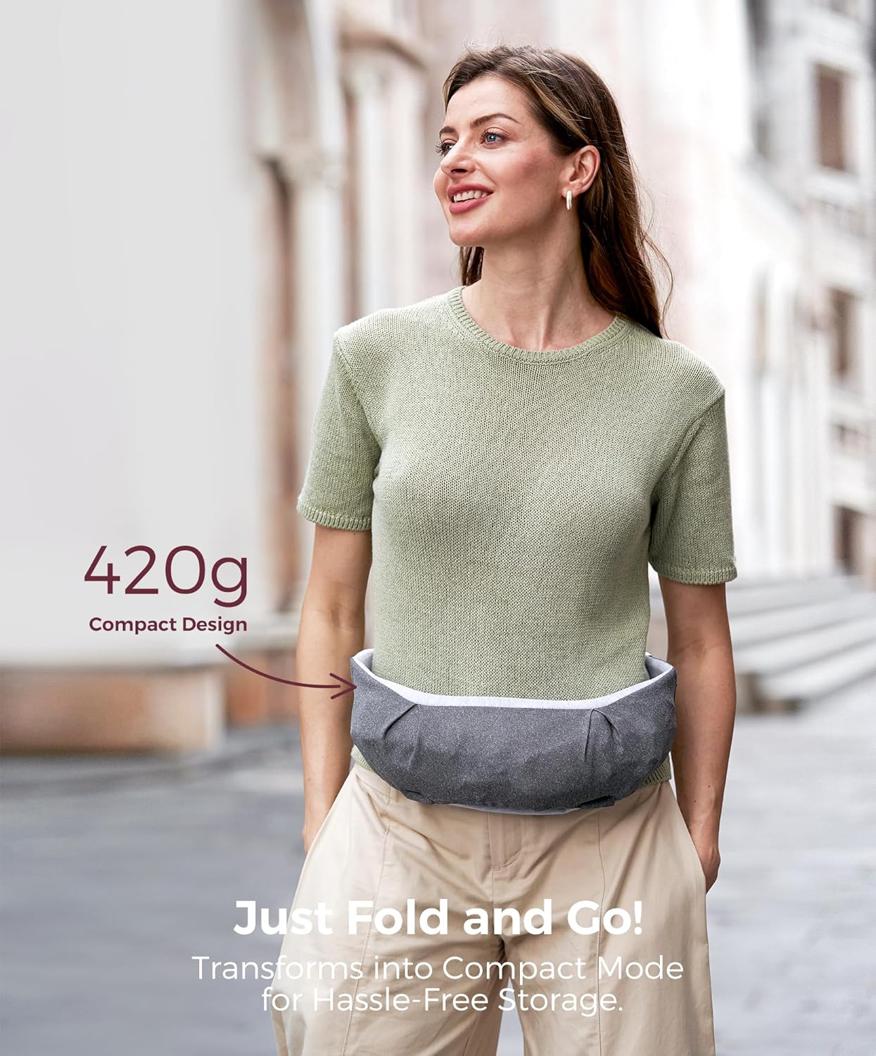 Momcozy Canguru portátil – Compacto e leve, ajustável para viagens, dobrável e fácil de transportar, com bolsa de armazenamento conveniente na cintura, alças de ombro largas, tecido macio e agradável à pele, para bebês de 5,5 a 15 kg (cinza)