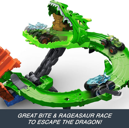 Hot Wheels Toy Monster Trucks, Sharks vs. Dinos Dragon Destruction Playset com Great Bite e Rageasaur em escala 1:64, Corrida para Derrotar o Ciborgue Nêmesis, JGB06