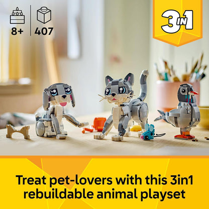 LEGO Brinquedo lúdico de gato Creator 3 em 1 - Transforma-se em uma figura de pombo ou cachorro de estimação - Conjunto de construção de animais para crianças, meninas e meninos com mais de 8 anos - Presente de aniversário criativo