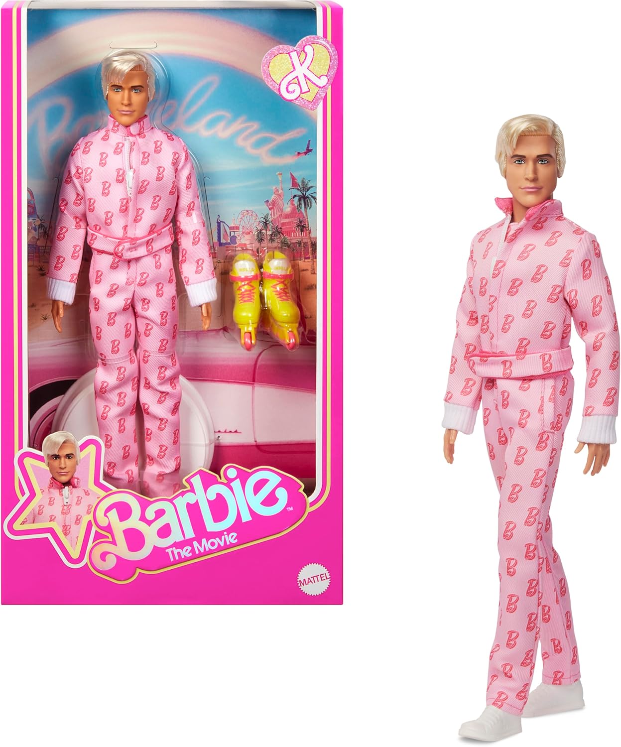 Barbie: Boneco colecionável Ken da O Filme, interpretado por Ryan Gosling, vestindo macacão rosa com detalhe em "B", tênis brancos e patins multicoloridos, JCP80