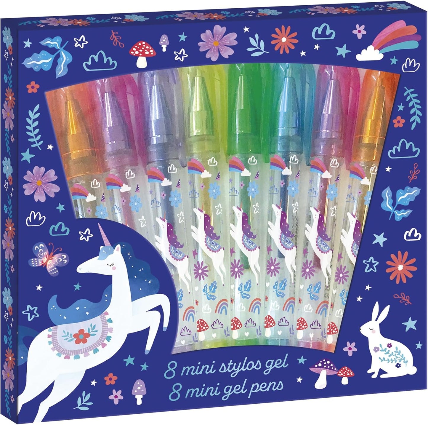 Janod - 8 Mini Canetas de Gel Glitter - Efeitos Glitter - Tema Unicórnio - Caneta para Desenhar, Colorir, Ideia de Presente para Adolescentes - Papelaria - 6 Anos ou Mais - J08935, Roxo, Azul