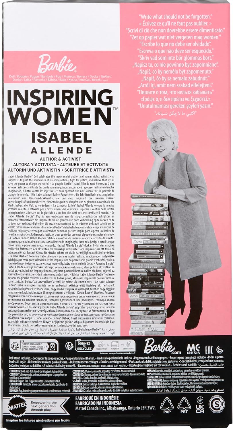 Barbie Boneca Inspiradora Isabel Allende, Colecionável, com Vestido Vermelho, Livro e Animal de Estimação, HRM45