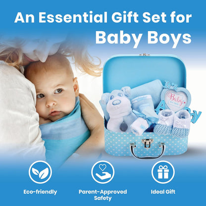 Baby Box Shop - Conjunto de presente para recém-nascidos - Cesta premium com chocalho para cachorro, porta-retratos, tecido de musselina, chá de bebê para recém-nascidos