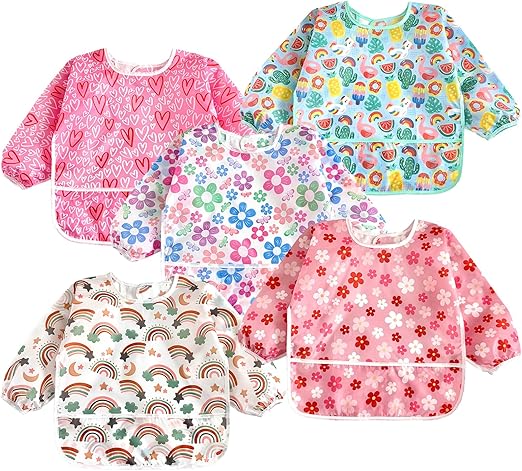 PandaEar Conjunto de 5 Babadores de Manga Comprida para Bebês | Babador Impermeável de Manga Longa para Bebês e Crianças de 6 a 36 Meses