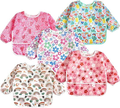 PandaEar Conjunto de 5 Babadores de Manga Comprida para Bebês | Babador Impermeável de Manga Longa para Bebês e Crianças de 6 a 36 Meses