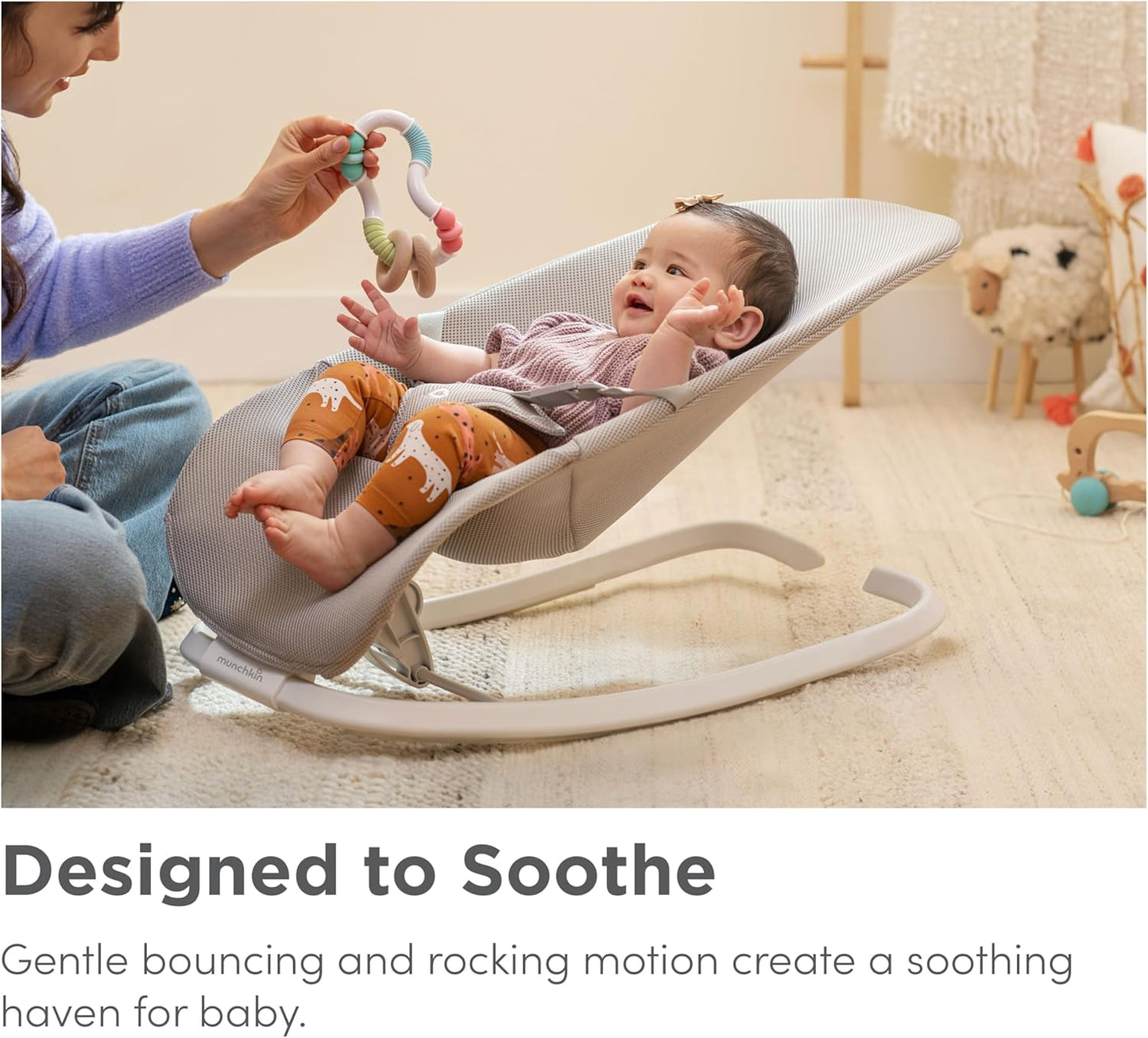 Munchkin 2 em 1 Spring Baby Bouncer Rocker - Balanço suave para bebês do nascimento aos 9 kg (20 lb). Balanço com 3 posições de reclinação, leve, dobrável para fácil armazenamento e transporte, cinza