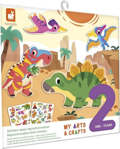 Janod - 30 adesivos grossos infinitamente reposicionáveis - Tema de dinossauros - 2 decorações e 2 quadros de adesivos - Rede à base de água - Kit de lazer criativo para crianças - Treinamento de habilidades motoras - 2 anos +