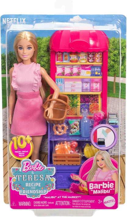Barbie e Teresa, Receita para Amizade, Boneca da Moda e Conjunto de Brinquedos, Tema Malibu no Mercado, com 11 Acessórios, Incluindo Barraca de Mercado e Comida, JCT05