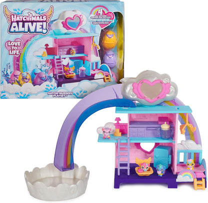 HATCHIMALS Alive, brinquedo Hatchi-Nursery Playset com 4 minifiguras em ovos auto-incubados, 13 acessórios, brinquedos infantis para meninas e meninos a partir de 3 anos