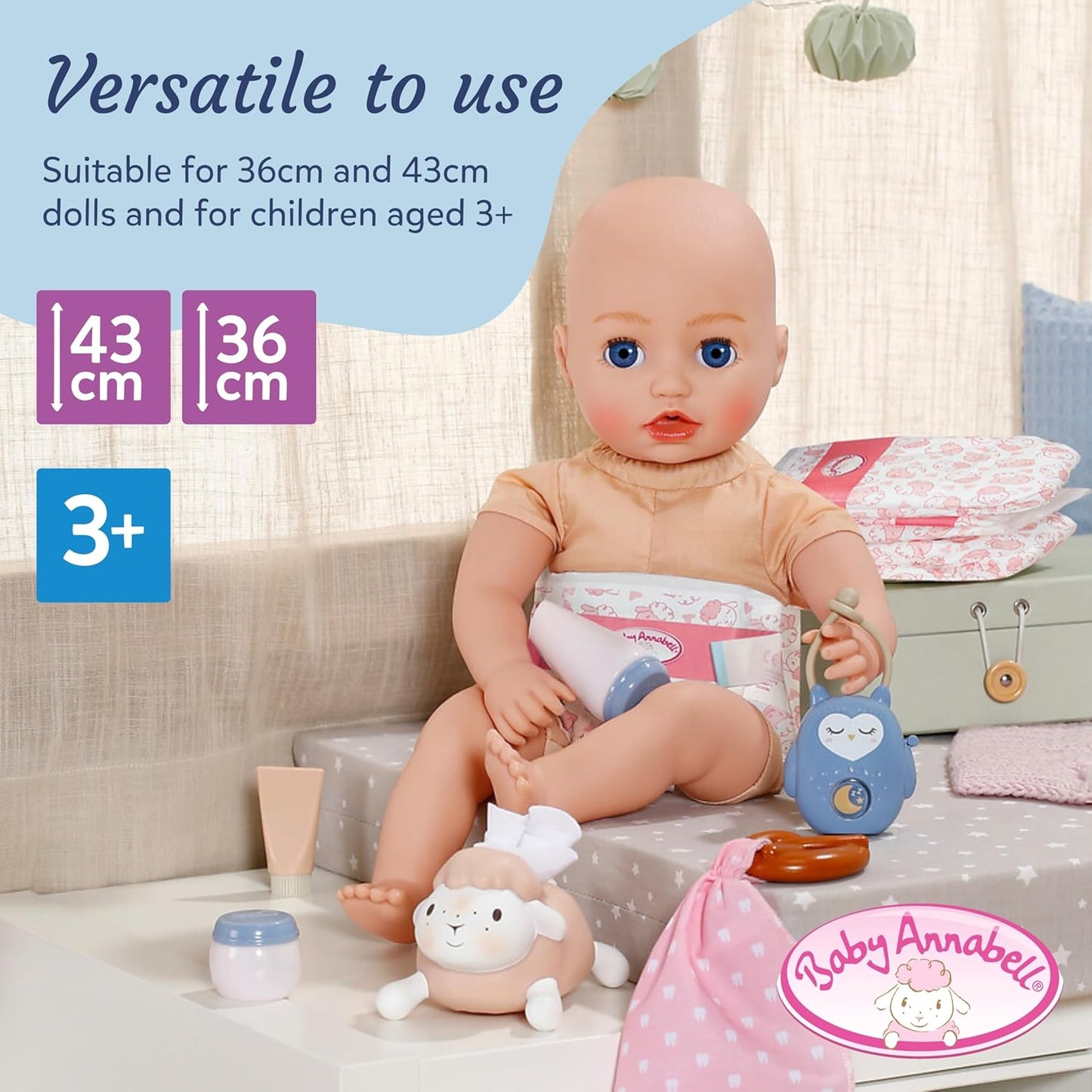 Baby Annabell Kit de Cuidados para Bebê Conjunto de acessórios para boneca com 7 peças - Inclui fraldas, porta-lenços umedecidos, creme e mamadeiras de brinquedo, Para bonecas de 36 cm e 43 cm Indicado para crianças a partir de 3 anos
