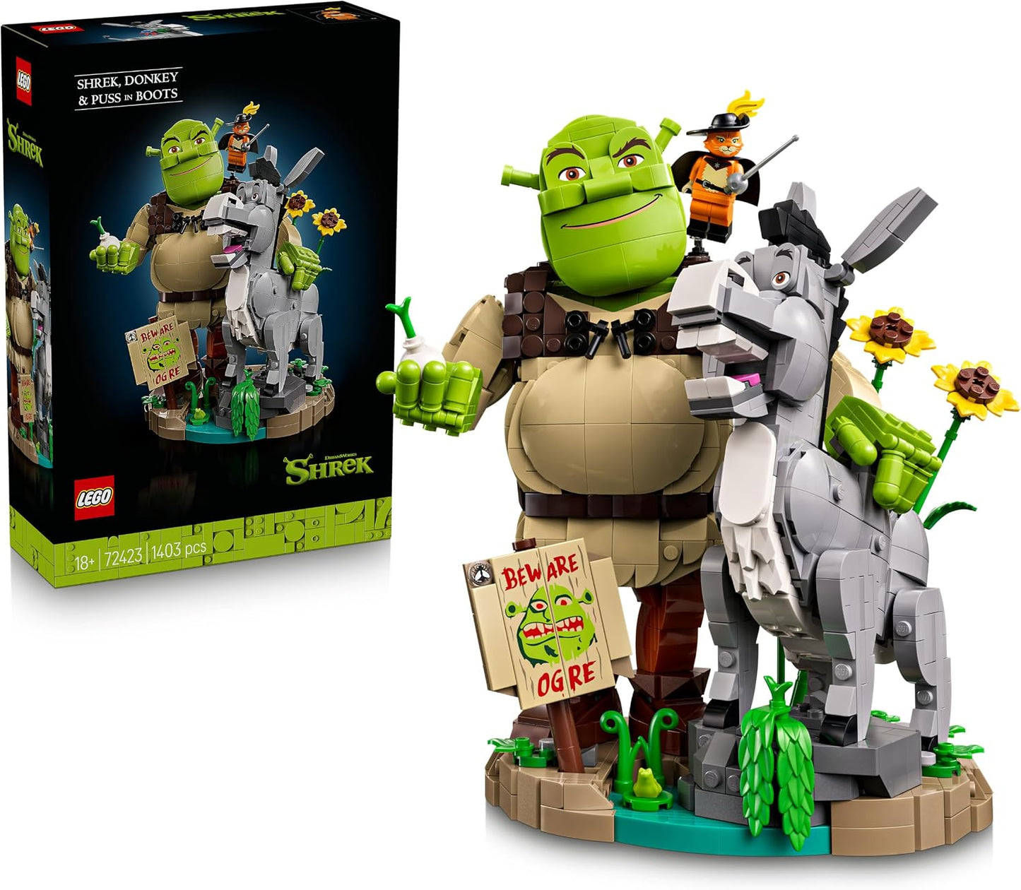 LEGO Shrek, Burro e Gato de Botas – Kit de Modelo Colecionável para Adultos – Conjunto de Exibição com 3 Figuras para Decoração de Prateleira ou Mesa – Ideia de Presente Nostálgico para Fãs – 72423