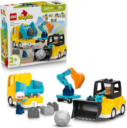 LEGO DUPLO 3 em 1 Veículos de Construção - Brinquedo Educativo Montessori para Crianças com Caminhões, Escavadeira e Pá Carregadeira - Ideia de Presente de Aniversário para Meninos e Meninas a partir de 2 Anos - 10475