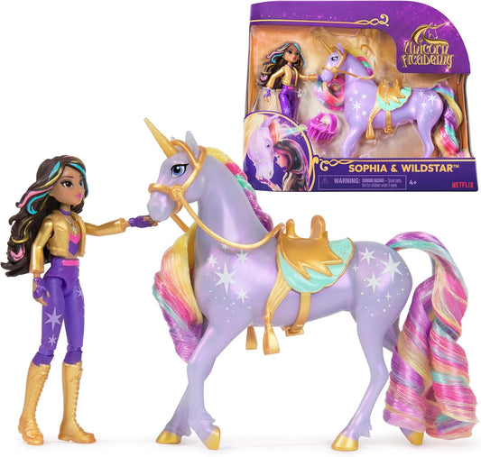 Unicorn Academy Conjunto Sophia & Wildstar com 2 acessórios de montaria e ferramenta de penteado, bonecas e brinquedos de unicórnio para meninas a partir de 4 anos.