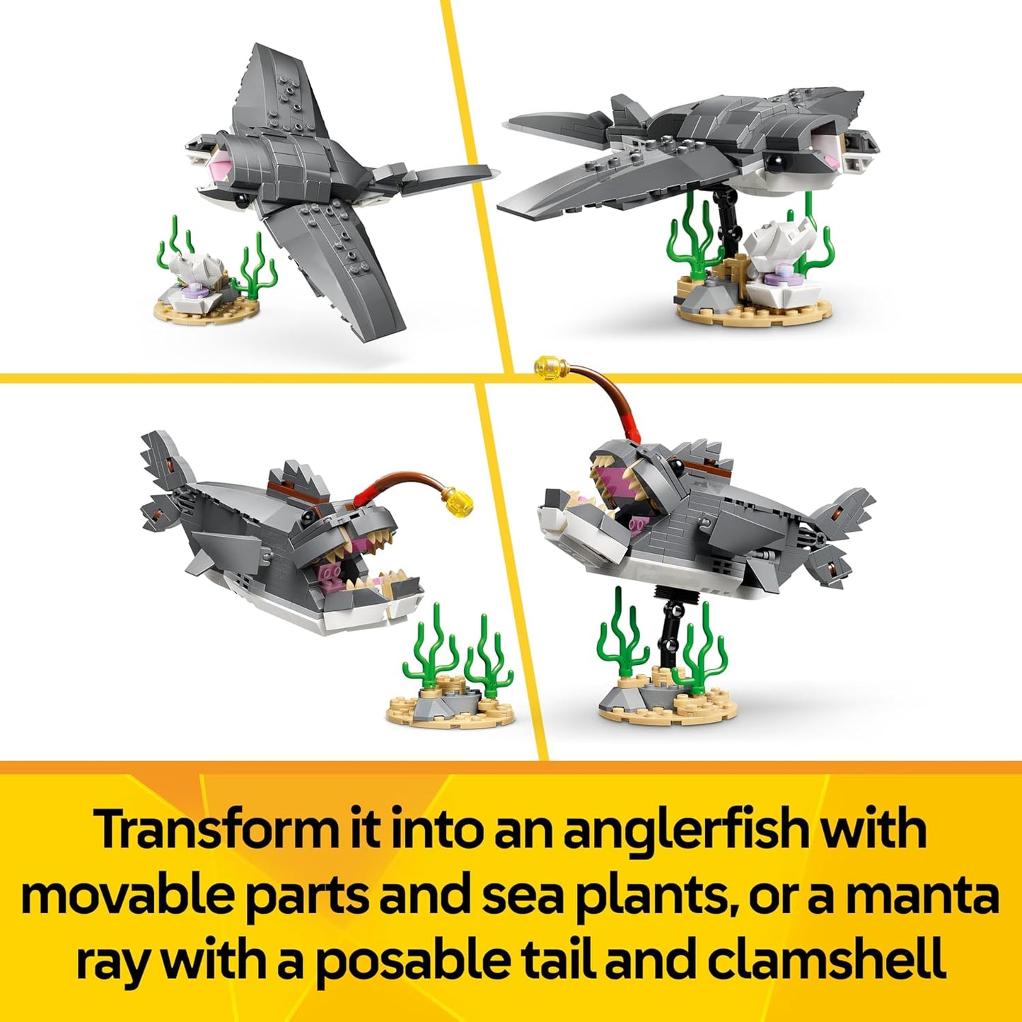 LEGO Creator 3 em 1 Tubarão Feroz com Baú do Tesouro - Figura de Animal Marinho que se Transforma em Peixe-diabo ou Arraia-manta - Ideia de Decoração para Quarto de Meninos e Meninas a partir de 8 Anos - 31381