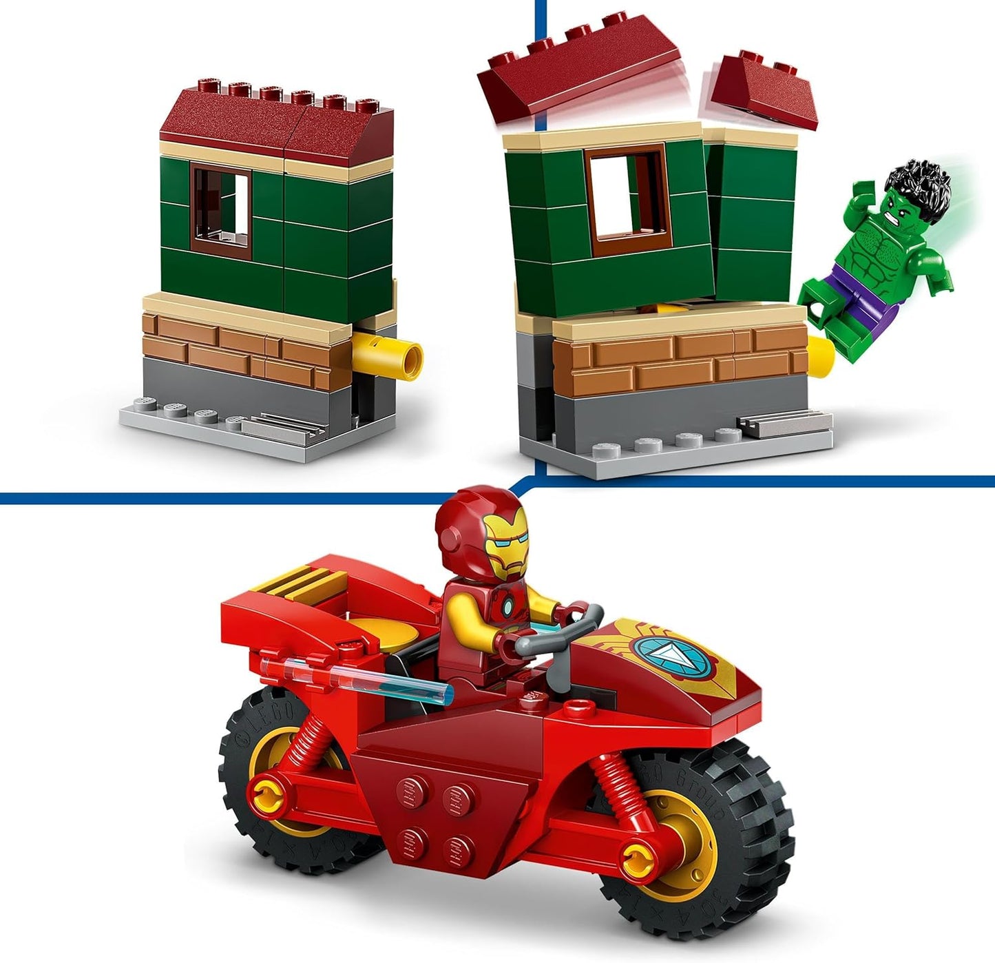 LEGO Marvel Homem de Ferro com bicicleta e Hulk, brinquedo de construção de super-herói para crianças, conjunto colecionável com veículo e minifiguras, presente para meninos e meninas de 4 anos ou mais