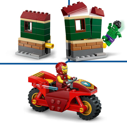 LEGO Marvel Homem de Ferro com bicicleta e Hulk, brinquedo de construção de super-herói para crianças, conjunto colecionável com veículo e minifiguras, presente para meninos e meninas de 4 anos ou mais