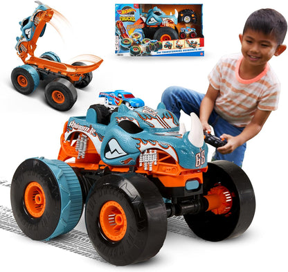Hot Wheels Monster Trucks, Carro de Controle Remoto, HW Rhinomite Transformável em Escala 1:12 com Caminhão de Brinquedo Race Ace em Escala 1:64, Converte-se em Lançador, Conecta-se à Pista Laranja, HPK27