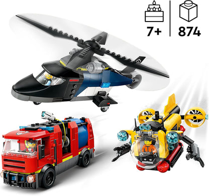 LEGO City 3 em 1 helicóptero, caminhão de bombeiros e brinquedo remix de submarino com 3 minifiguras - veículos de brinquedo montáveis para meninos e meninas com mais de 7 anos - ideias de presentes para aniversários