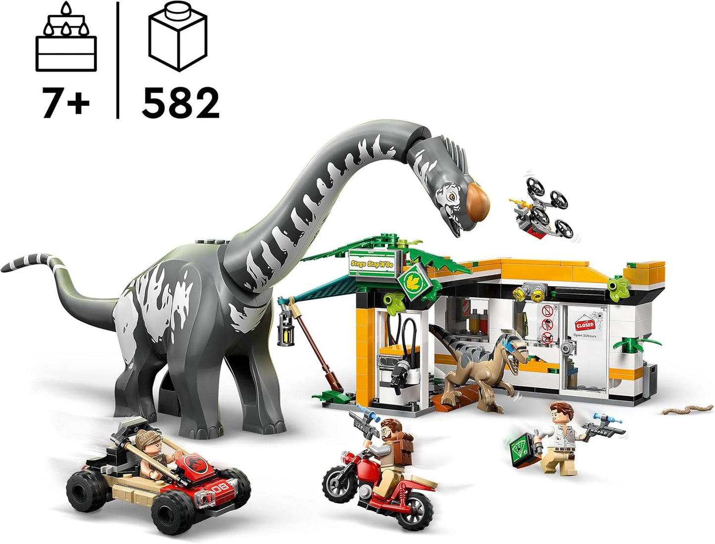 LEGO Jurassic World Missão de Rastreamento de Raptor e Titanossauro - Brinquedo de Dinossauro com 3 Minifiguras, Carro Off-Road e Moto - Presente para Meninos e Meninas a partir de 7 Anos - 76973