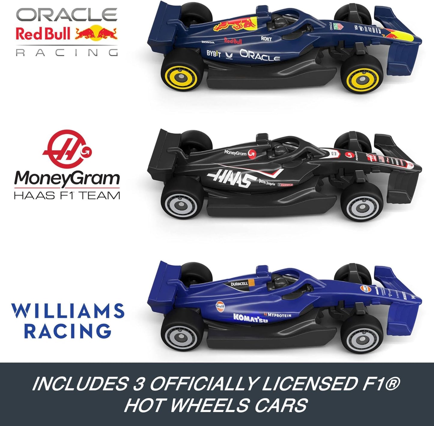 Conjunto de Pista de Carrinhos Hot Wheels, Circuito de Fórmula 1 com 3 Carrinhos de Brinquedo Die-Cast na Escala 1:64, Dois Modos de Corrida com Impulsor Motorizado, JLB13