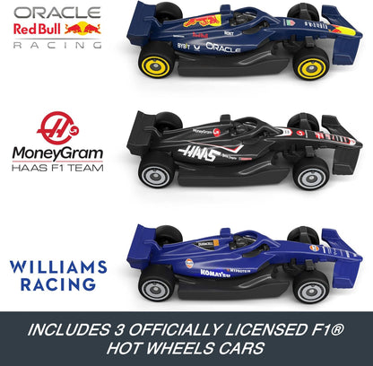 Conjunto de Pista de Carrinhos Hot Wheels, Circuito de Fórmula 1 com 3 Carrinhos de Brinquedo Die-Cast na Escala 1:64, Dois Modos de Corrida com Impulsor Motorizado, JLB13