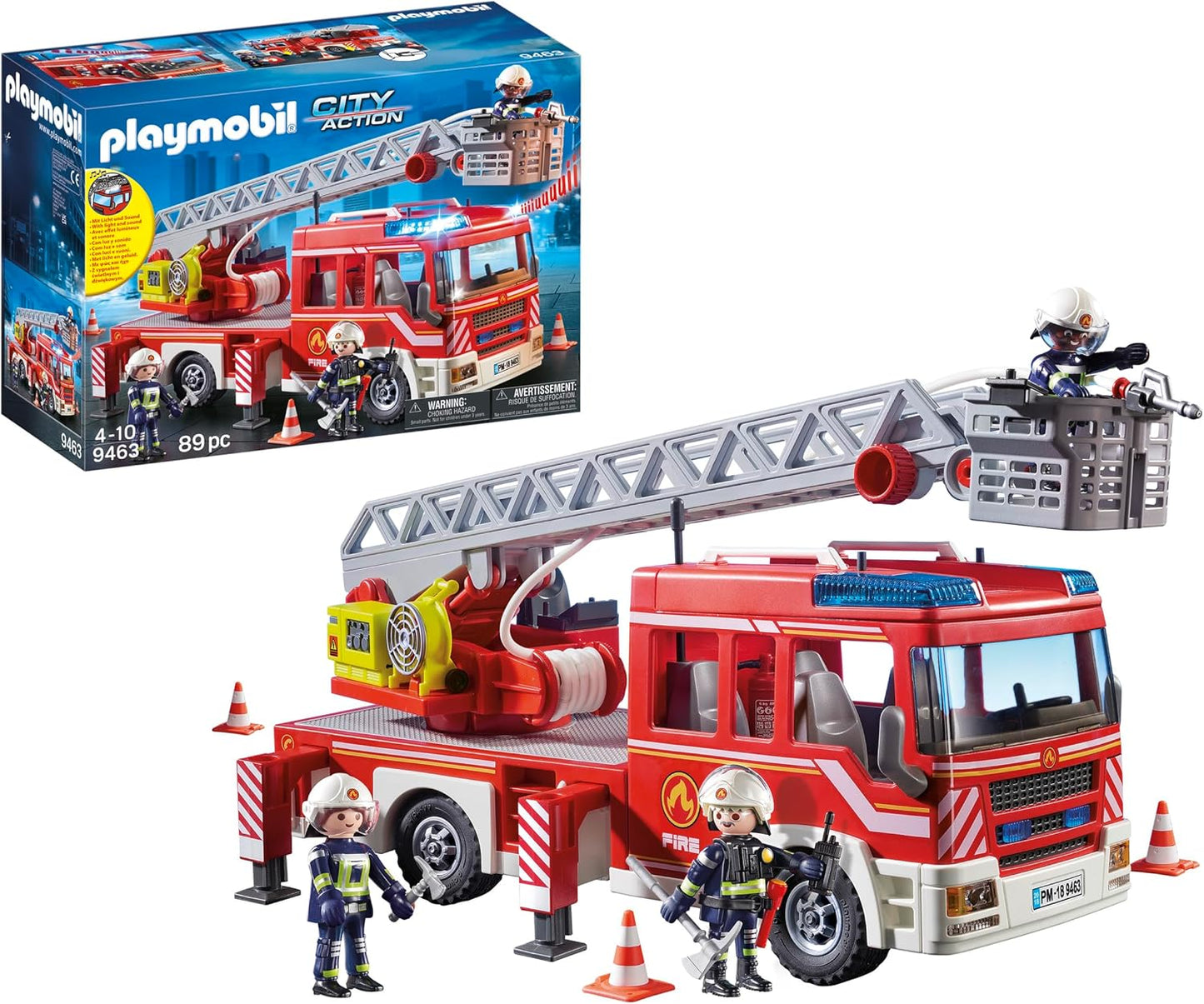 Playmobil 9463 City Action Unidade de Bombeiros com Escada Extensível, Luzes e Sons, brinquedo de bombeiro e helicóptero, brincadeira divertida e imaginativa, conjunto adequado para crianças a partir de 4 anos.