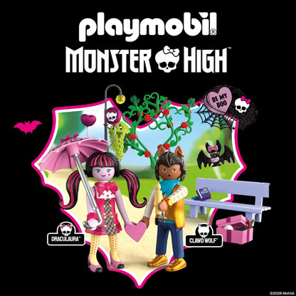 Playmobil Monster High – Encontro de Dia dos Namorados: Draculaura e Clawd com Banco de Parque e Acessórios – Brinquedo Infantil para Maiores de 5 Anos (72043)