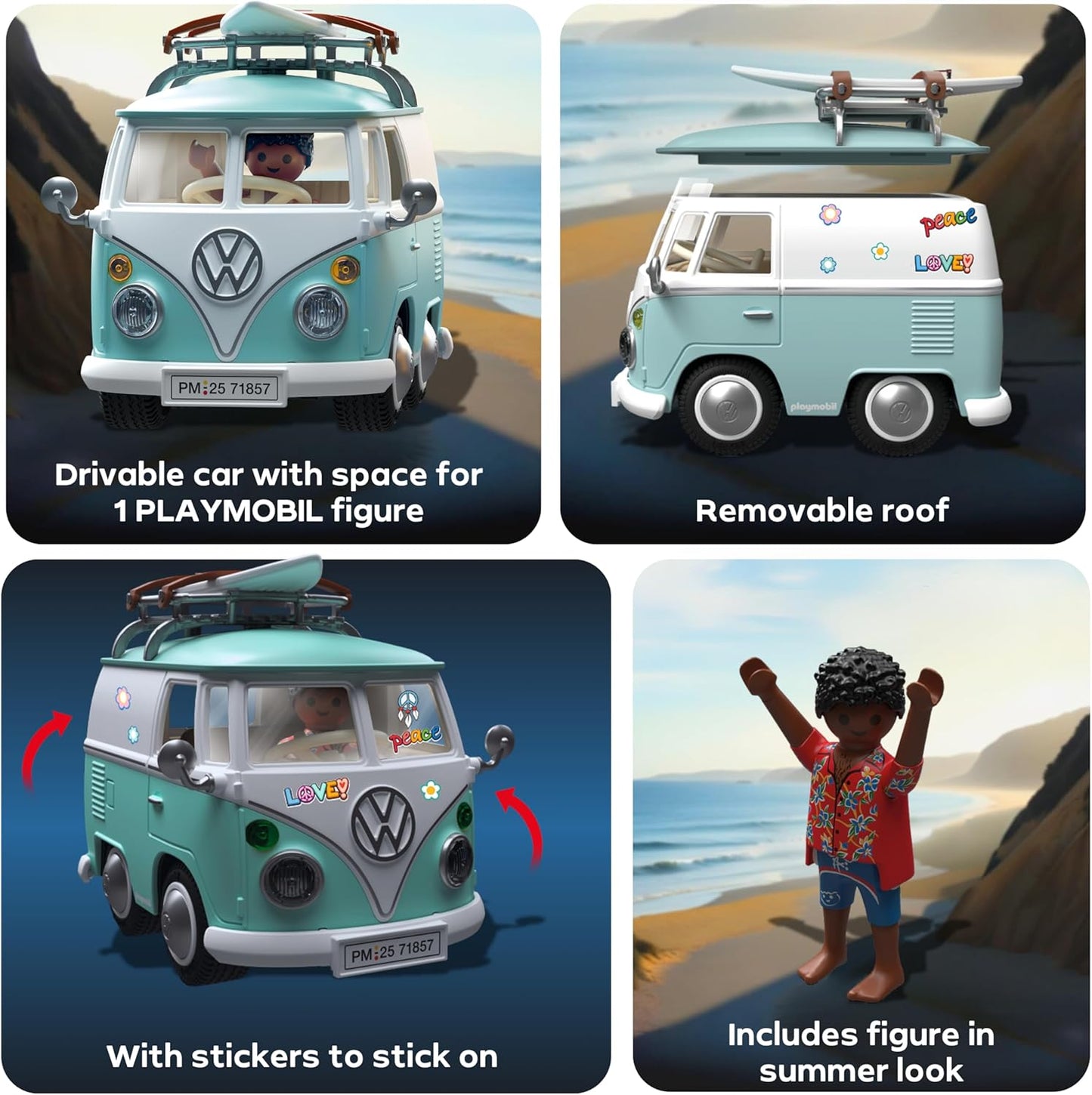Playmobil | Carros de Colecionador | Volkswagen T1 Camper | Miniatura para adultos e crianças | Com adesivos para personalização | Presente para fãs e colecionadores de carros | Design detalhado | 71857