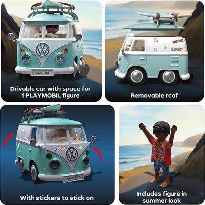 Playmobil | Carros de Colecionador | Volkswagen T1 Camper | Miniatura para adultos e crianças | Com adesivos para personalização | Presente para fãs e colecionadores de carros | Design detalhado | 71857