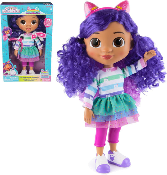 Gabby’s Dollhouse, Boneca Gabby Girl Canta e Celebra, 33 centímetros de altura, com efeitos sonoros e orelhas de gato reversíveis, brinquedo infantil para meninas e meninos a partir de 3 anos.