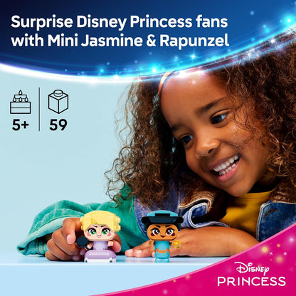 LEGO|Disney Princesas Miniatura Jasmine e Rapunzel - Brinquedo Colecionável com 2 Mini Bonecas e Acessórios, incluindo uma Lâmpada Mágica - Pequeno Presente para Meninas e Fãs a partir de 5 Anos - 43303