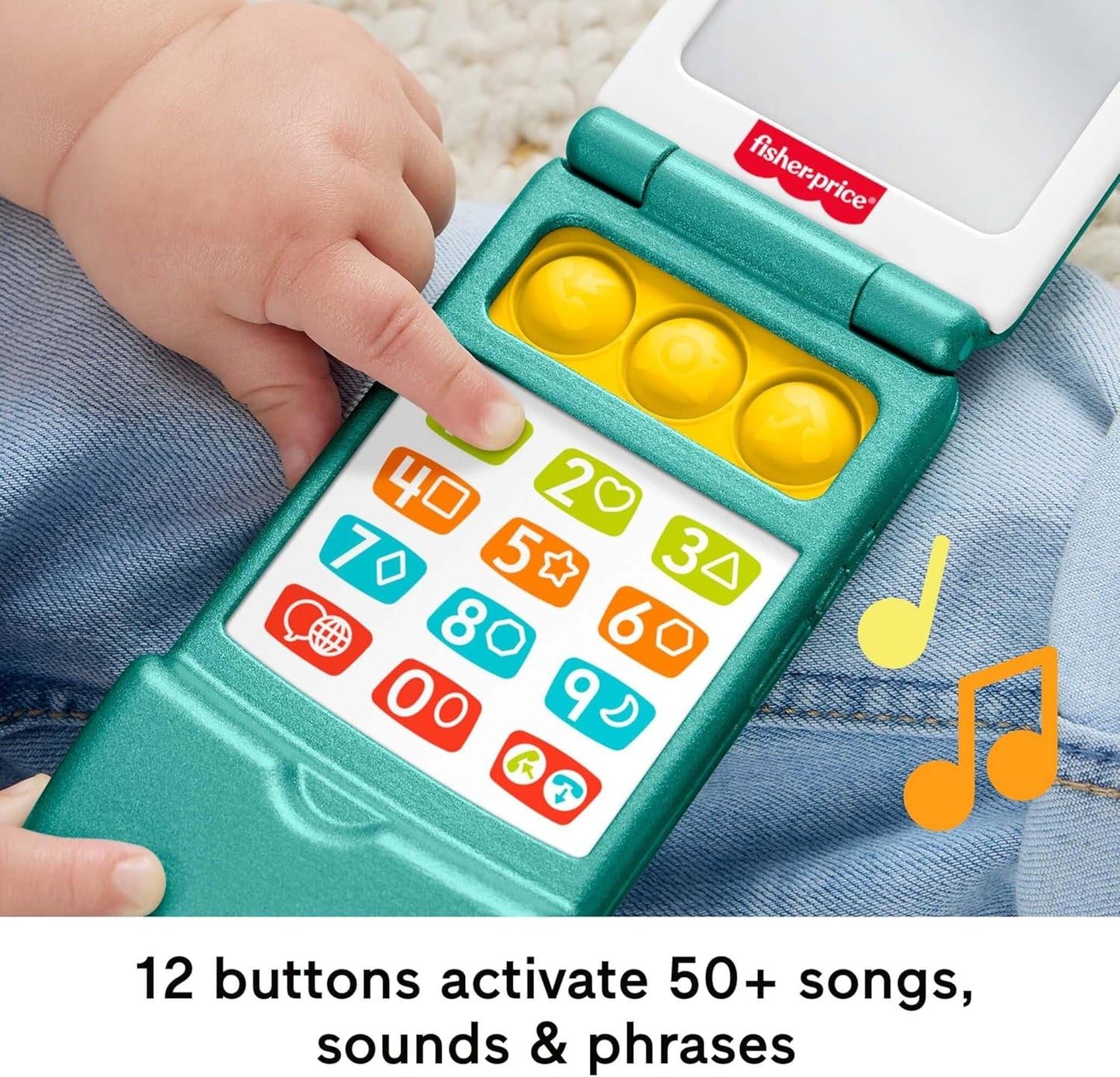 Fisher-Price Baby Toy Flip Phone Laugh & Learn Musical Learning Activity for Toddler Faming Play Infants Ages 6+ Months Version Multilanguage, JMM31