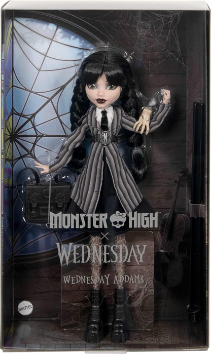 Monster High Boneca e acessórios Wednesday, Wednesday Addams colecionáveis em uniforme da Nevermore Academy com coisa e mochila, carrinho de boneca, HXJ04